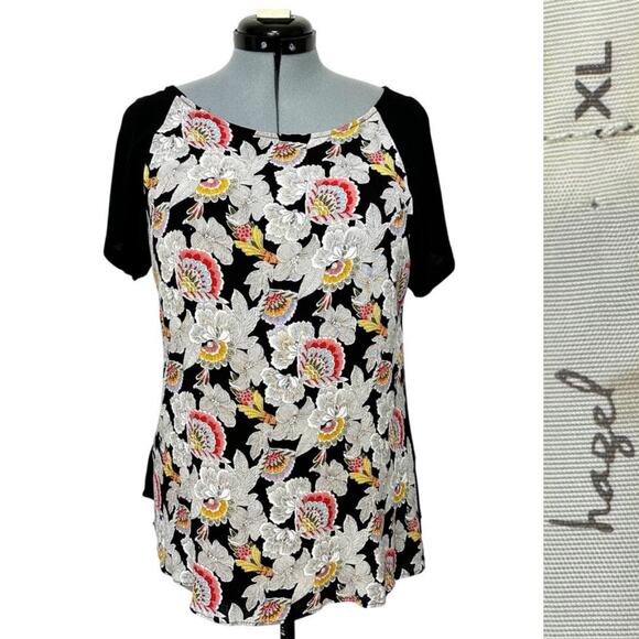 Hazel Linen Blend Floral Blouse Japanese Inspired Key Hole Back Flowy Top Sz: XL - Picture 1 of 7
